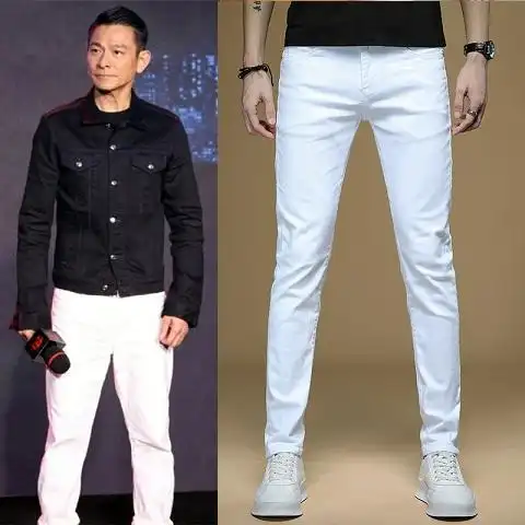 热销明星同款男装潮_明星刘德华同款牛仔裤男潮牌白色刺绣小脚裤男装