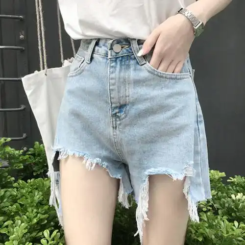 新款韩版2017新款夏季女装学生牛仔热裤不规则毛边高腰破洞阔腿短裤子