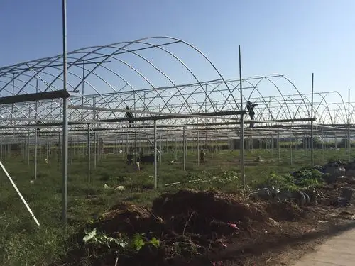 3,图为施工人员进行智能温控大棚建设.