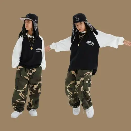 嘻哈风表演服装宽松t恤套装秋童装街舞儿童潮服演出服男女童长袖