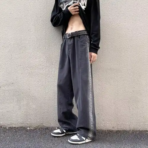 黑色牛仔裤男秋季直筒宽松休闲阔腿裤美式高街堆积感裤子 n8009图片