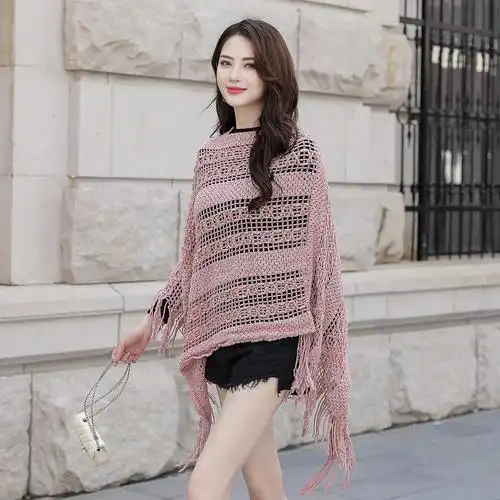 【2018秋装新款】女士时尚简约纯色披肩镂空拼接流苏下摆秋冬保暖淑女