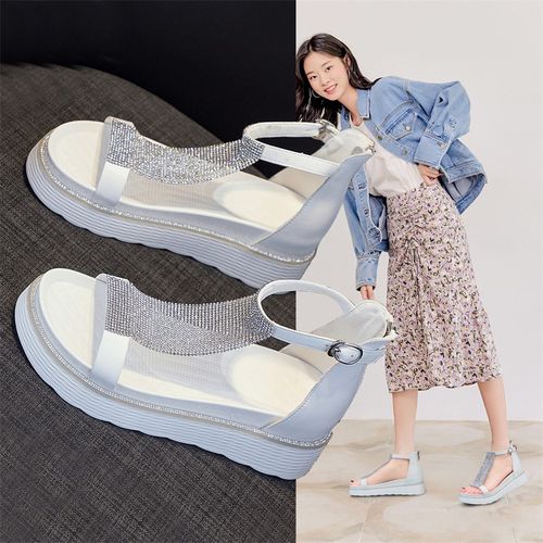 厚底坡跟凉鞋女真皮松糕跟搭配裙子短裙连衣裙的夏天爆款洋气鞋子