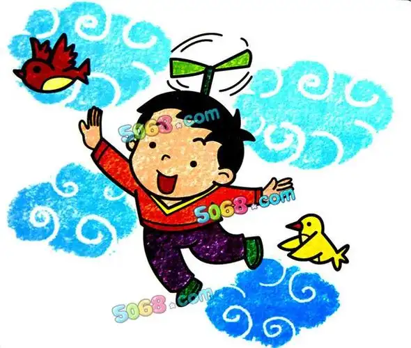 带上竹蜻蜓飞向蓝天儿童蜡笔画作品
