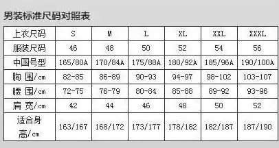 男士裤子尺码对照表