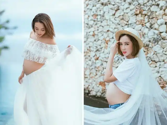 毛俊杰孕期写真,身穿露肩礼服女人味爆棚,挺着大肚子也要美美哒