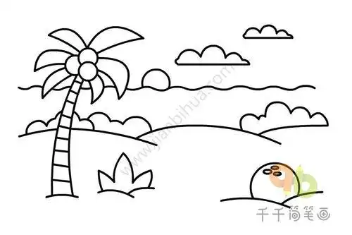 海边沙滩日落简笔画儿童夏天风景简笔画 海边的沙滩海边简笔画 海边的