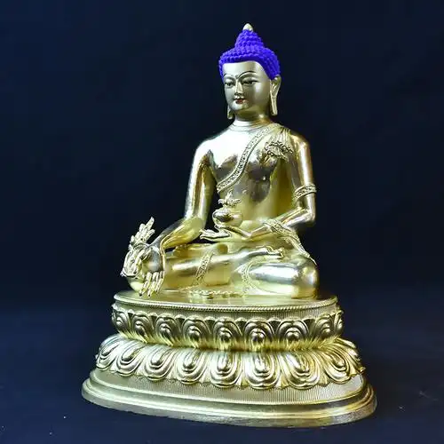 西藏纯铜鎏金药师佛双座佛像居家佛堂神像三宝摆件