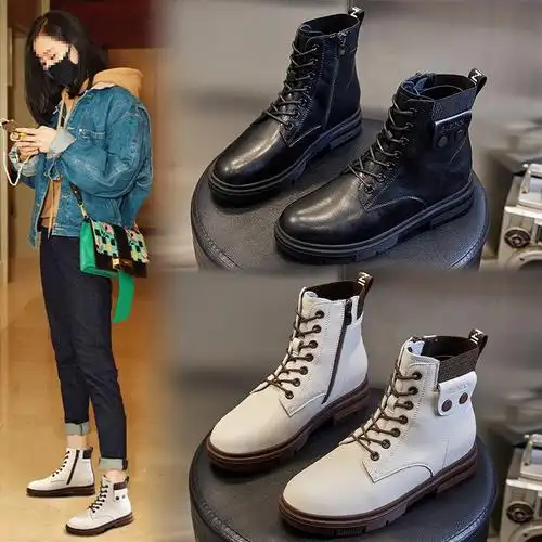 真皮马丁靴女2022新款秋冬季百搭女靴厚底小香风女士