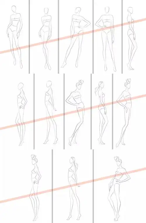 高清彩色线稿服装设计效果图女模特艺术美23人体素材动作正侧款式