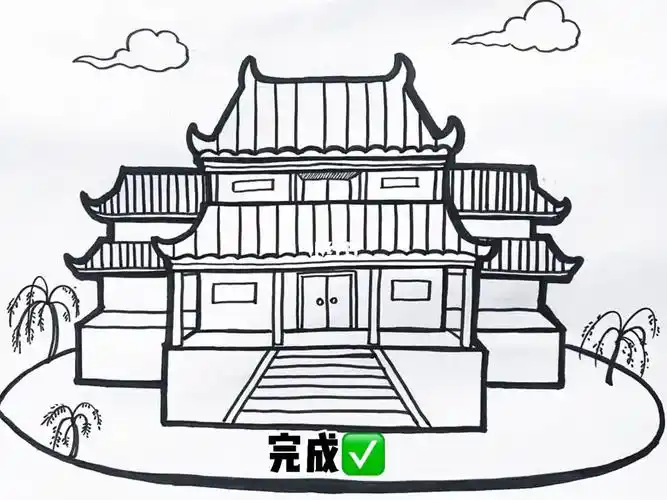 简笔画教程  古建筑的简笔画步骤  979797