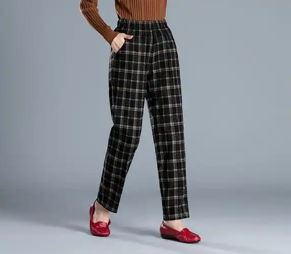 春秋宽松纯棉裤子妈妈格子休闲裤中老年人女装全棉中老年女装
