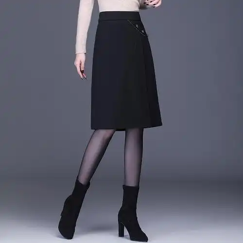 黑色a字半身裙2020秋冬新款加厚中长款高腰显瘦包臀遮肚子一步裙 &