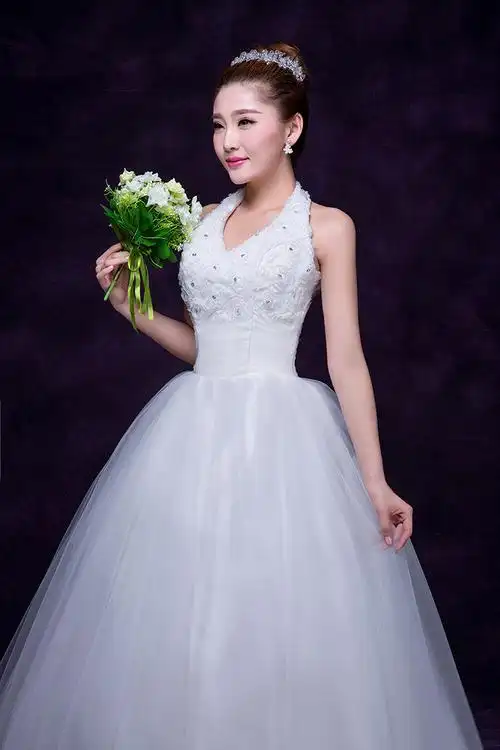 2018新款影楼白纱新娘结婚齐地显瘦优雅挂脖婚纱礼服收腰批发0810