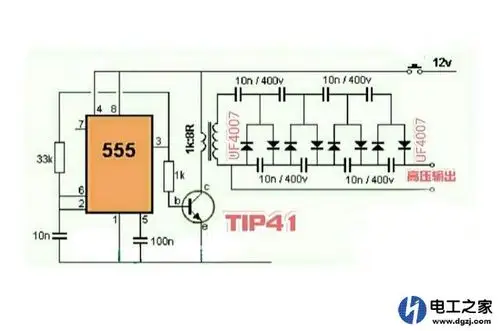 其振荡频率由555的②⑥脚接的33kΩ电阻和10nf电容决定