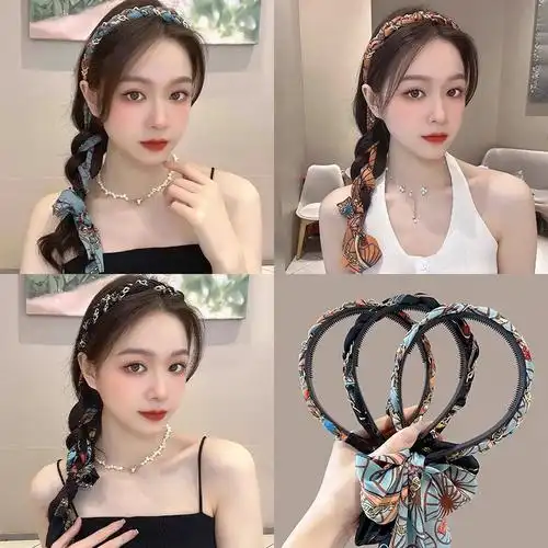 复古链条编发发箍女头箍发带一体系带绑发丝巾夏季飘带发卡头饰