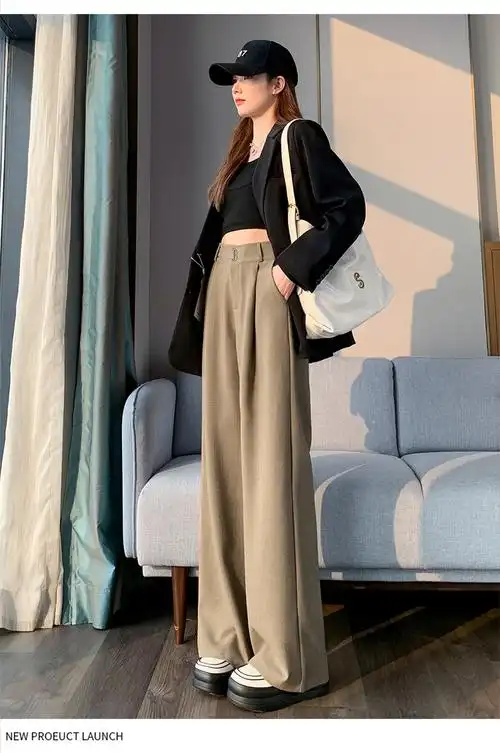 亚麻西装阔腿裤女2024春夏新款直筒宽松显瘦小个子高腰垂感拖地