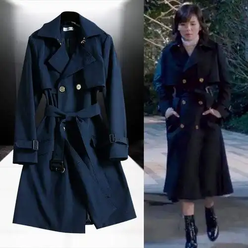 欢乐颂刘涛安迪同款蓝色风衣长款外套女春秋2019新款双排扣呢大衣