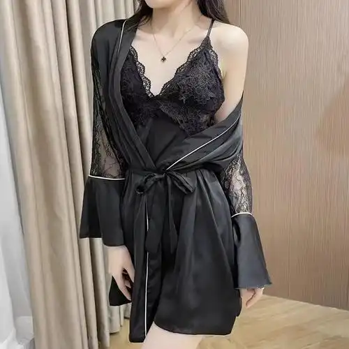 网图性感睡衣女春夏吊带睡裙睡袍两件套缎面蕾丝美背高级感家居服