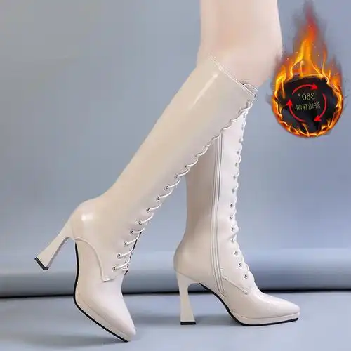 白色高筒靴女小个子长靴不过膝秋款冬2020新款细跟高跟中筒皮靴子