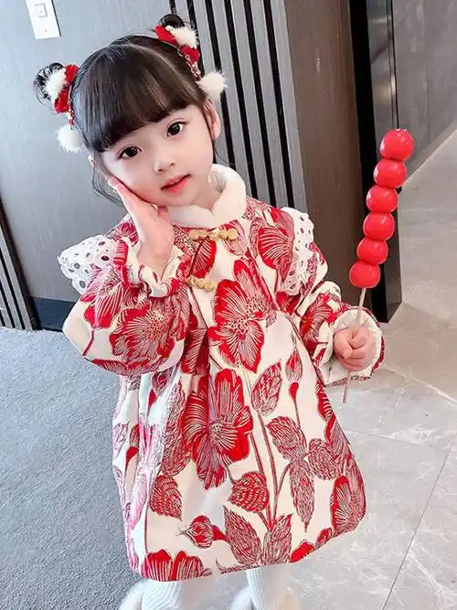 宝宝周岁礼服女公主裙加绒加厚女童冬款连衣裙儿童红色中国风裙子
