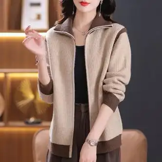 罗蒙200斤拉链毛衣外套女春秋装翻领羊绒羊毛衫宽松加大码针织开衫外