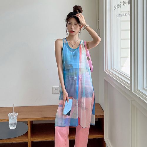 韩国女装2021新款夏季扎染中长款背心吊带连衣裙外穿叠搭薄款
