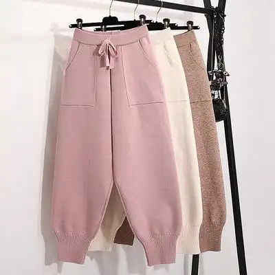 弹力加厚针织裤休闲裤女秋冬新款系带哈伦裤百搭奶奶裤毛线九分裤
