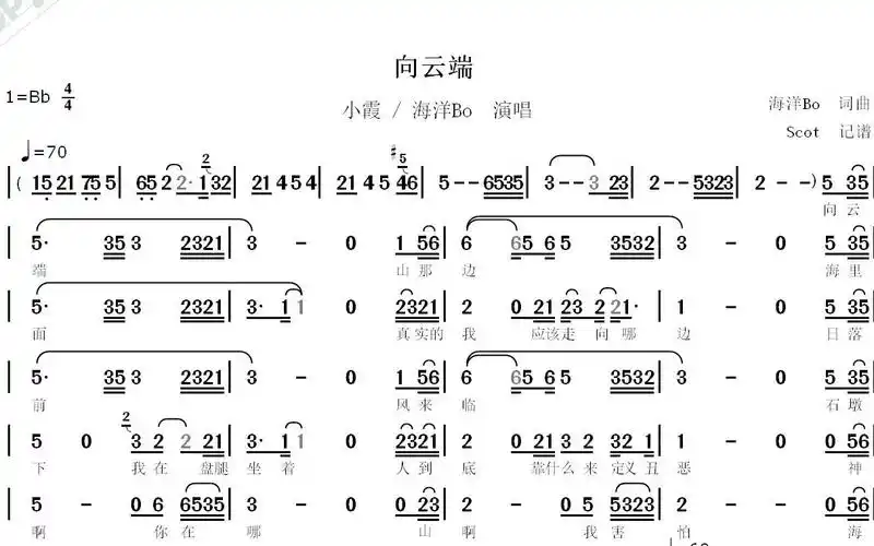 【新歌榜第一名歌曲】向云端--小霞 / 海洋bo演唱--动态简谱