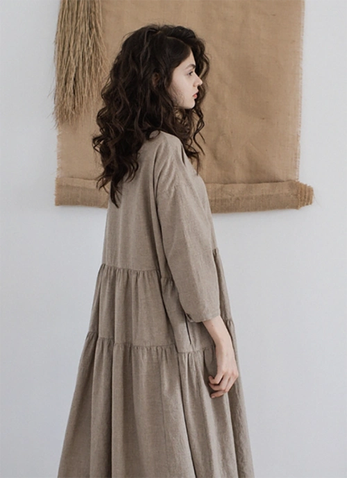 如素慢衣新款亚麻色织连衣裙女复古宽松褶皱长裙17459 原麻色 均码