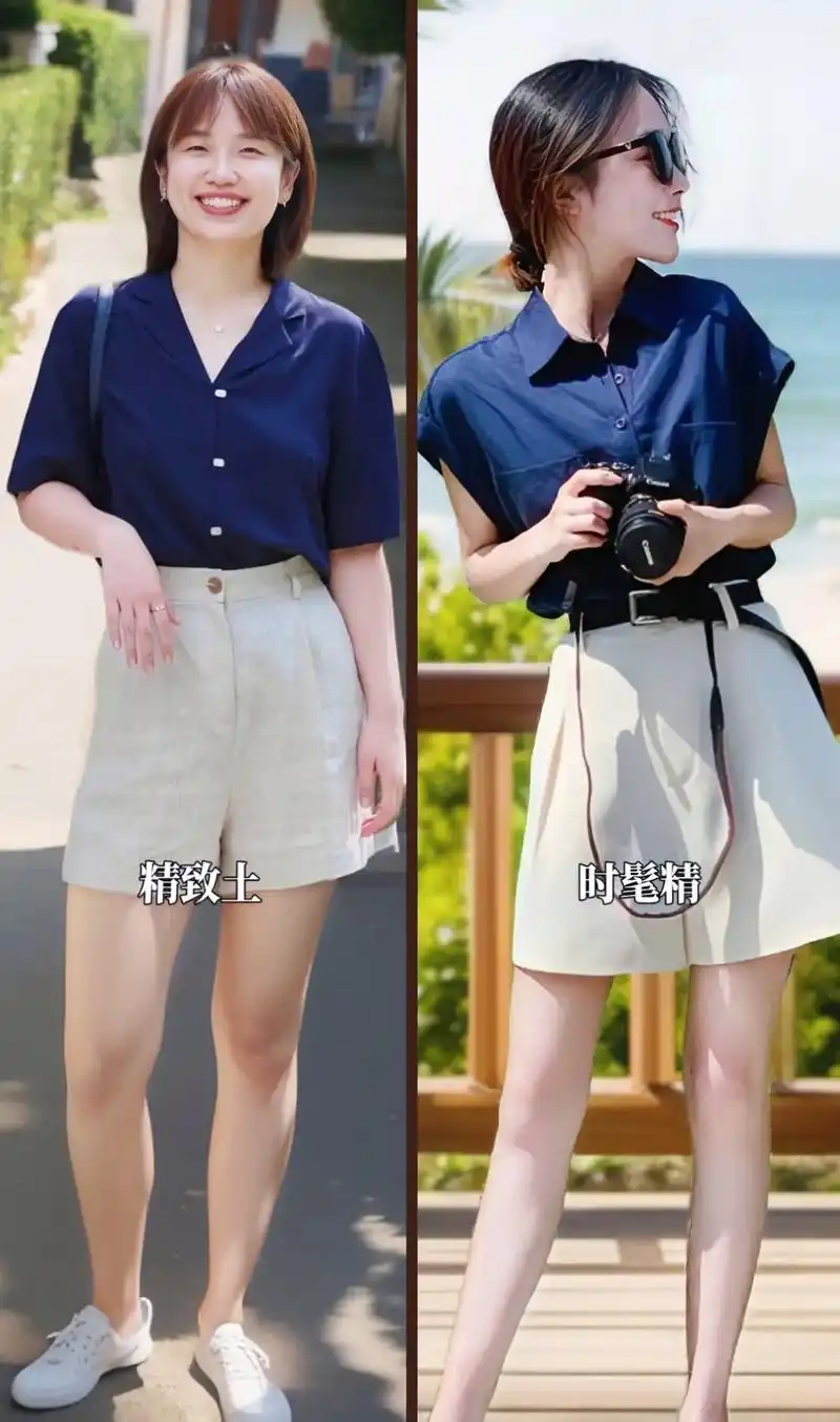 姐妹们,藏青色衬衫与白色短裤的搭配简直绝了,时尚又减龄,谁能不心动