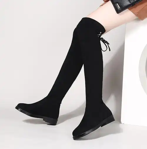 嘉钦高筒靴弹力布大码女靴冬季过膝长靴女真皮平底显瘦加绒长筒靴黑色