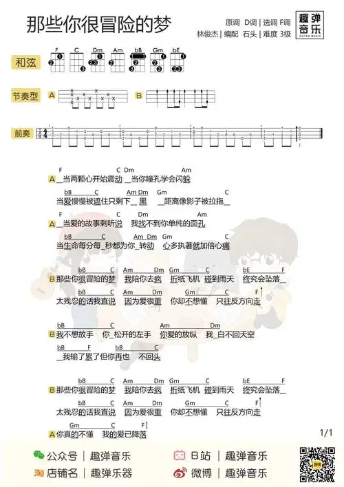 那些你很冒险的梦尤克里里谱弹唱版f调附前奏趣弹音乐编配林俊杰