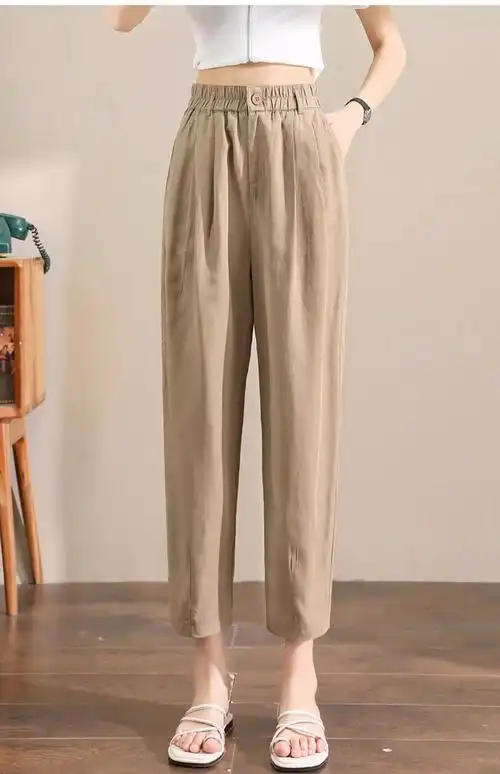 卡其色天丝亚麻裤子女夏季薄款显瘦小个子九分夏天透气棉麻哈伦裤