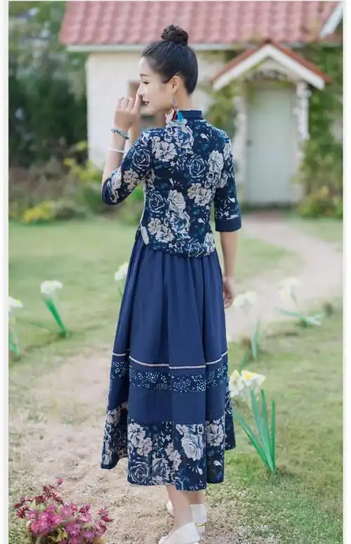 唐装女装中国风复古中式盘扣改良旗袍式上衣民族风棉麻套装两件