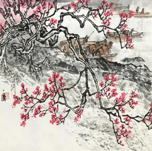 0015杏花春立轴设色纸本