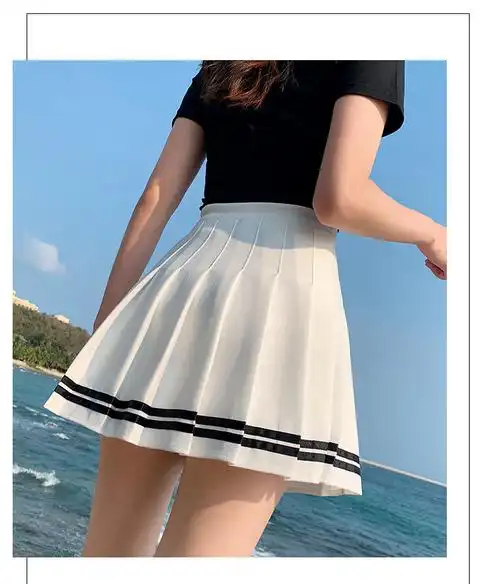 条纹百褶裙女夏2021新款高腰a字显瘦松紧腰短裙小个子学生半身裙-b