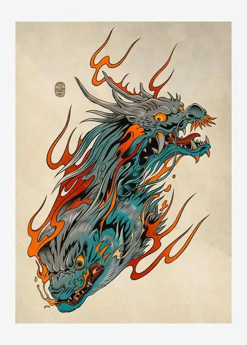 以《怪形》电影里的怪物将脸一分为二的概念结合龙虎图腾绘制的插画