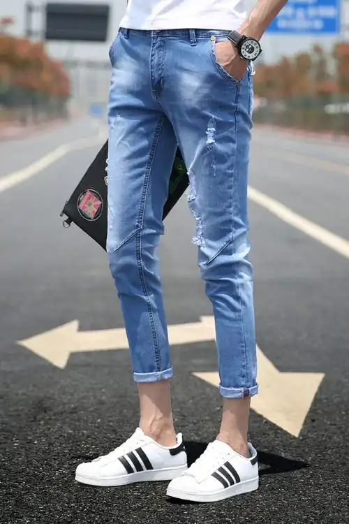 jingotima2016春夏新款个性潮流破洞牛仔裤九分牛仔裤靓仔修身小脚