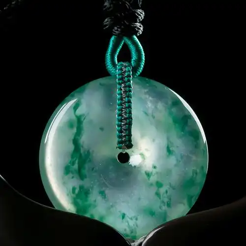 天然a货翡翠老坑平安扣吊坠玻璃种飘绿花平安扣坠子高档翡翠扣——翠