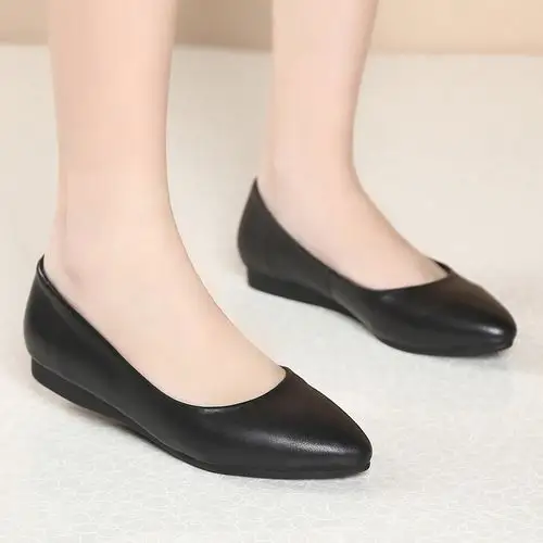 夏季真皮职业单鞋女平底工作鞋黑色浅口上班皮鞋平跟空姐工装女鞋