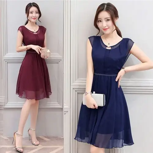 纯色连衣裙女夏季夏天新款女装显瘦短袖a字大码修身雪纺裙子