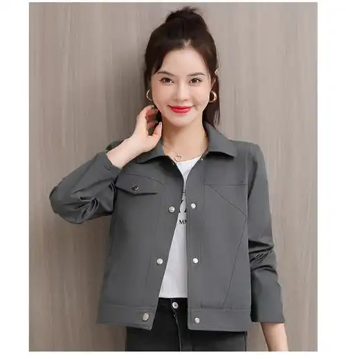 小个子外套30岁夹克女年春秋季韩版时尚翻领流行工装牛仔女短款烟灰色