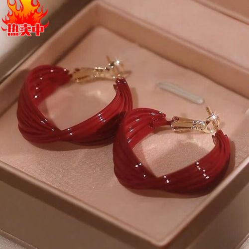 snqp过年戴的耳环覆古红色滴釉耳圈女新款s925银针秋冬精致高 红色覆