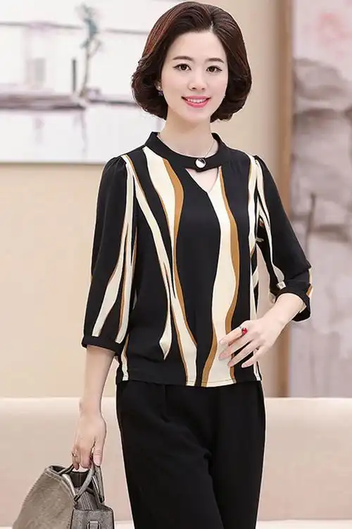 妈妈夏装30岁40中年女两雪纺上衣中老年春装阔腿裤时尚套装红色短袖