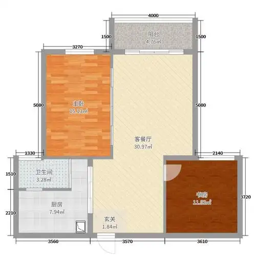 怡江苑2室2厅1卫1厨92.00㎡户型图