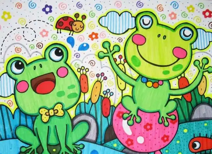美丽夏天儿童画图片_热闹的小青蛙