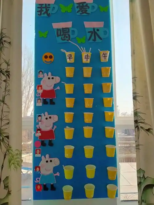 我爱喝水的主题图,设计了小猪佩奇,每个人分早,中,午三次记录用吸管