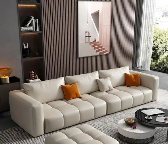 极简简约皮沙发 客厅家用直排脚踏组合沙发(浅咖色-生态真皮)