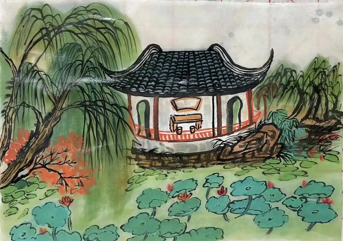 国画作品————拙政园中独具特色的凉亭《与谁同坐轩》(江南写 - 抖